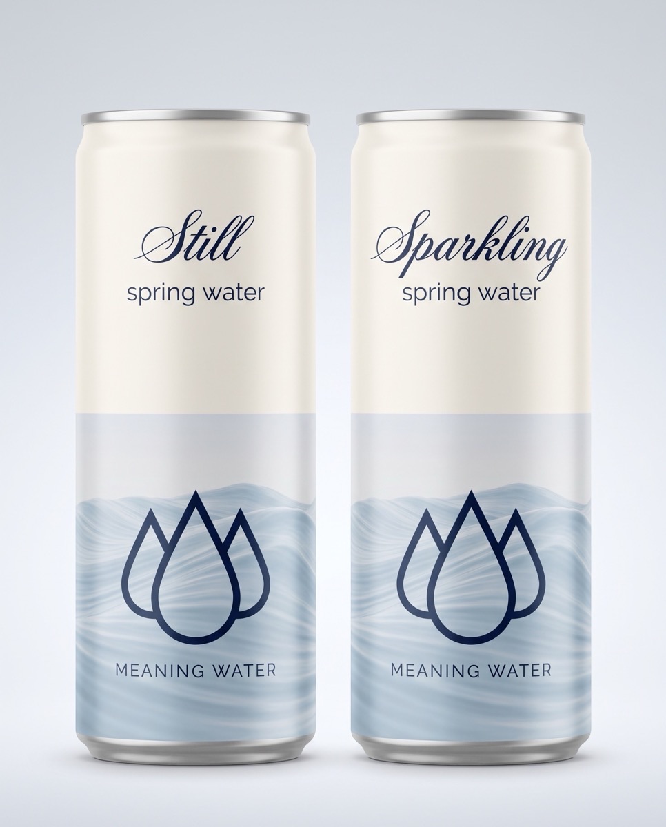 Still and Sparkling custom-branded aluminum spring water cans on marble