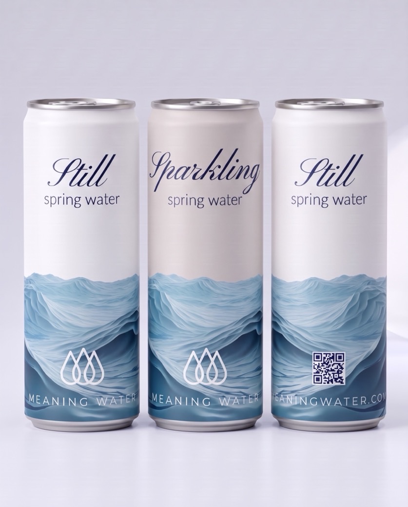 Meaning Water Still and Sparkling cans in a layered blue tidal wave design