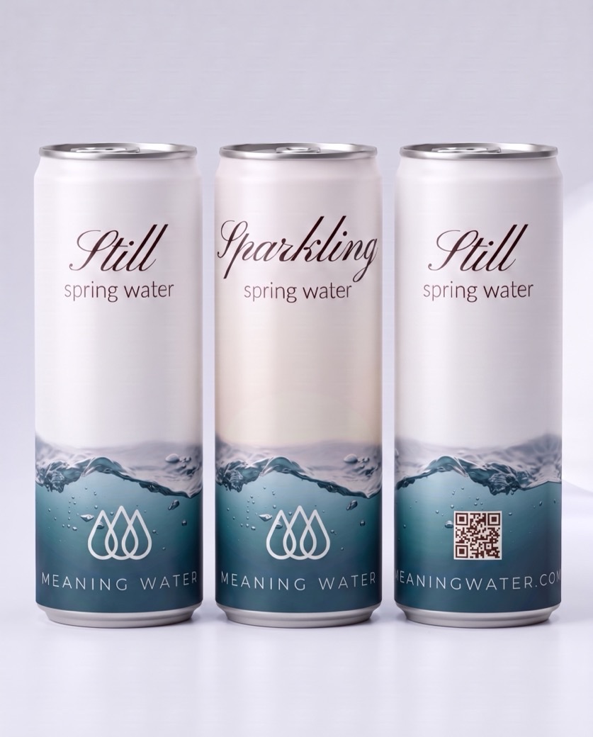 Meaning Water Still and Sparkling cans with a cool alpine mountain and water design