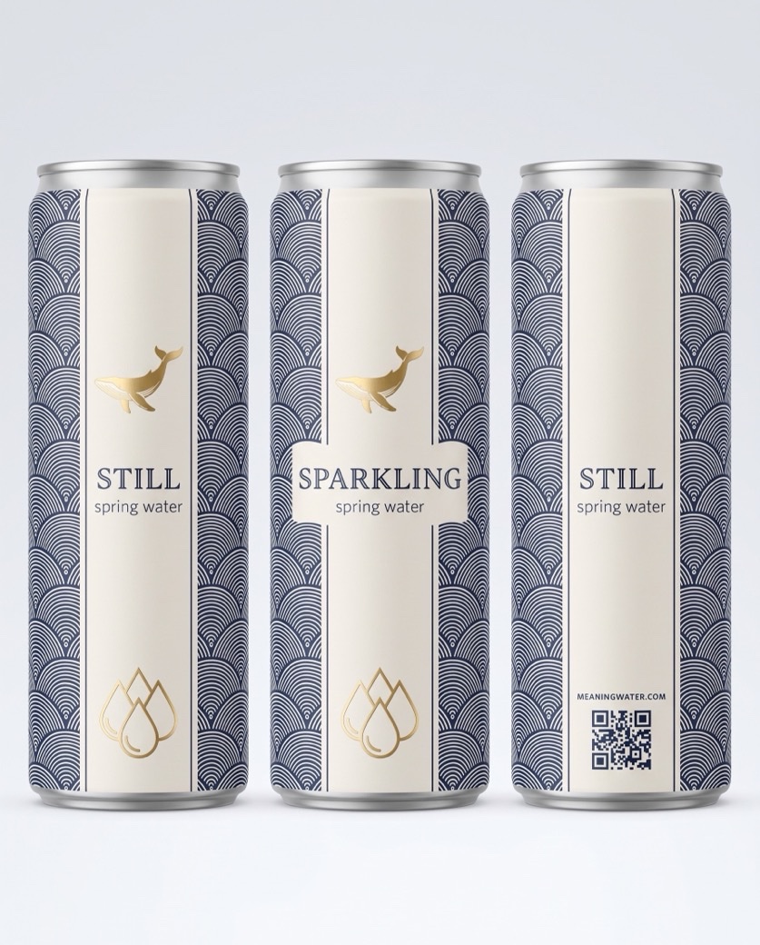 Meaning Water Still and Sparkling cans in a navy and gold seigaiha wave pattern