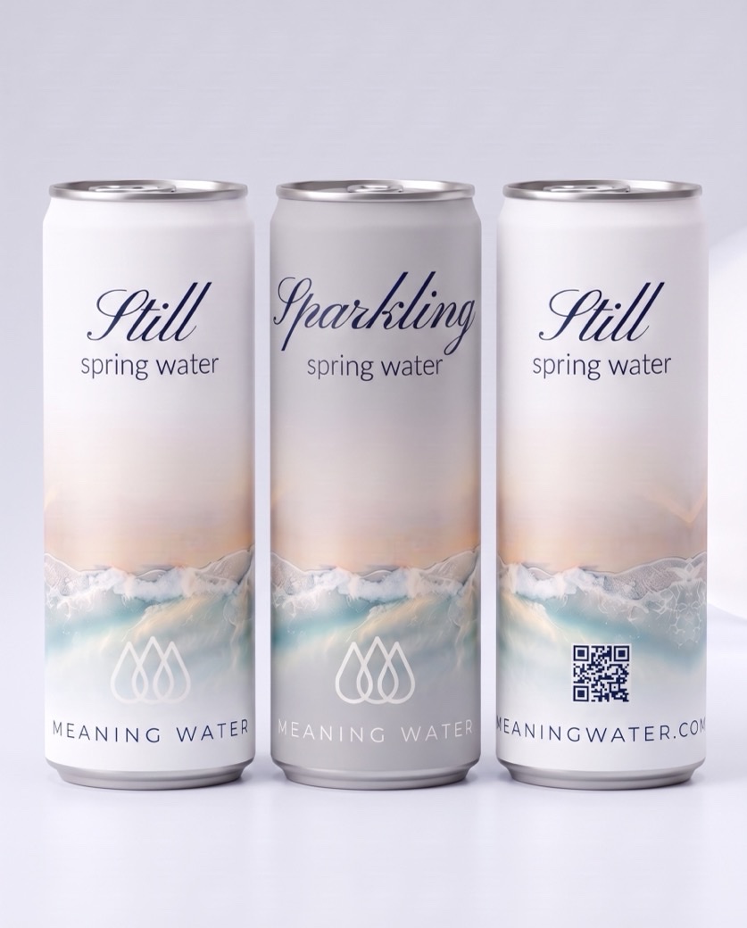 Meaning Water Still and Sparkling cans with a warm golden-hour seascape design