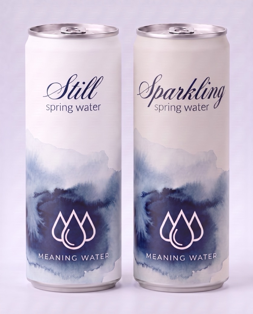 Meaning Water Still and Sparkling cans in a deep indigo ink-wash design