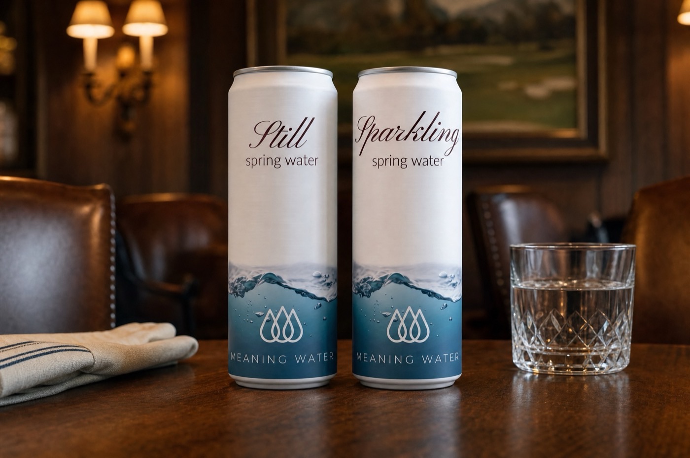 Meaning Water Still and Sparkling cans on a table in a wood-panelled country club lounge
