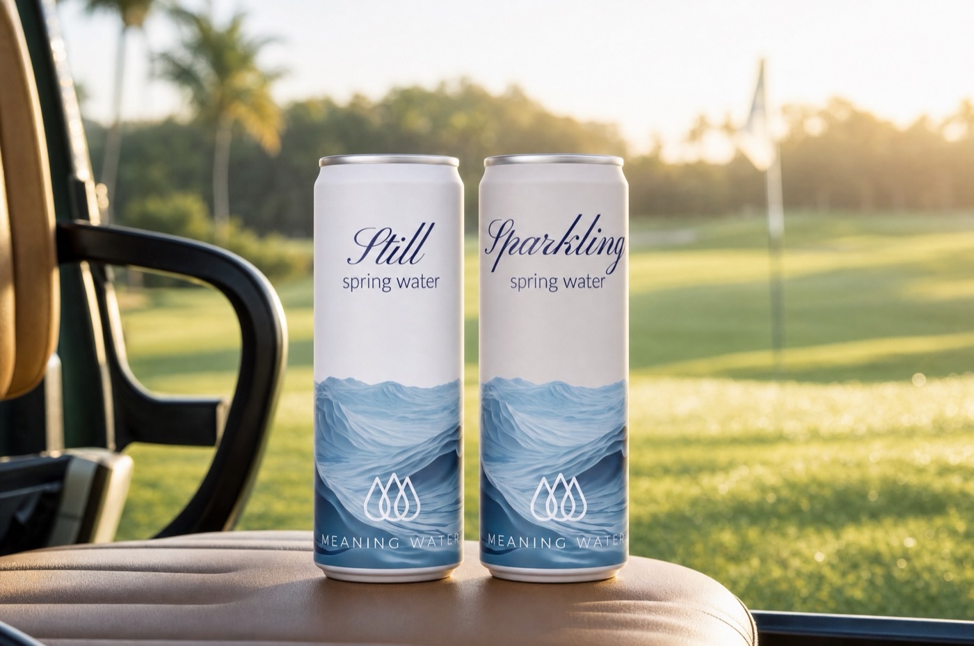 Meaning Water Still and Sparkling cans on a golf cart with the course and flagstick behind