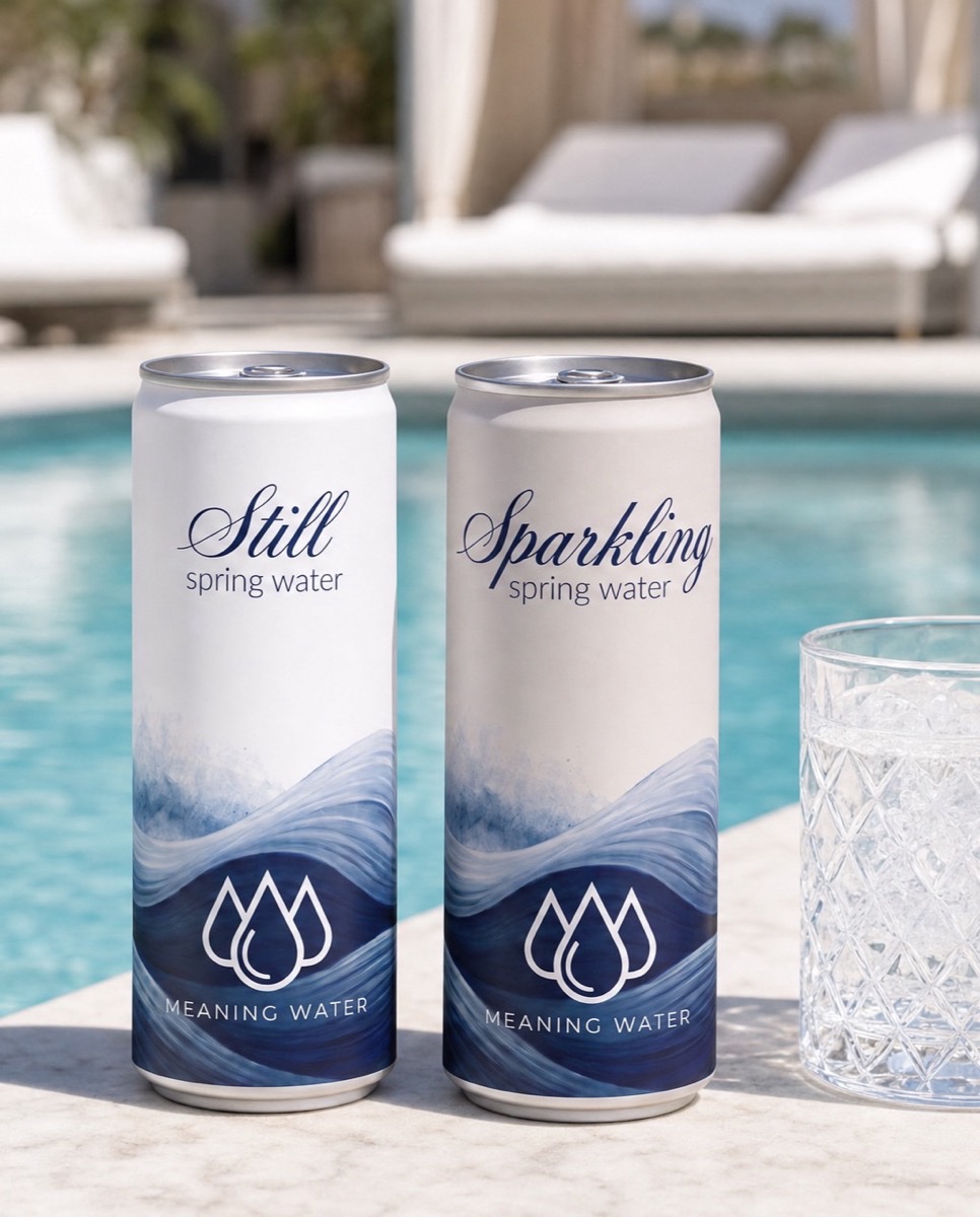 Meaning Water Still and Sparkling cans on a luxury pool ledge