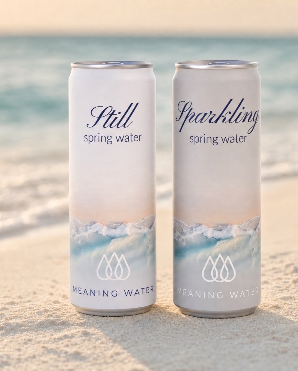 Meaning Water Still and Sparkling cans on the sand at a resort beach club