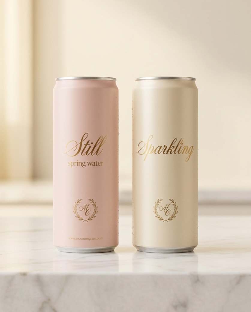 Blush and champagne custom water cans with script lettering for events