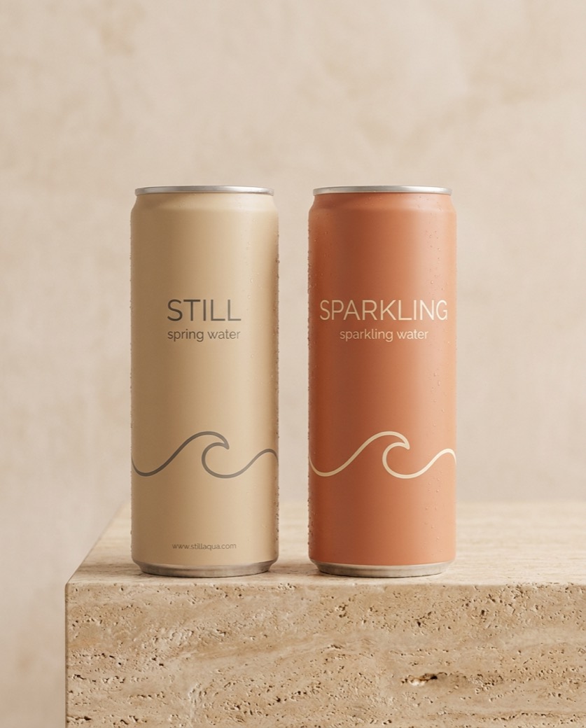 Sand and terracotta custom water cans, modern sans-serif