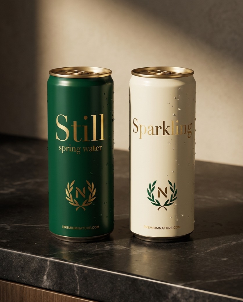 Emerald green and ivory custom water cans with gold serif lettering