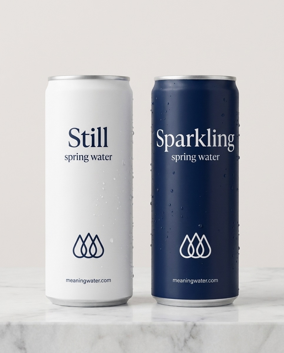 Still and Sparkling custom-branded aluminum spring water cans on marble