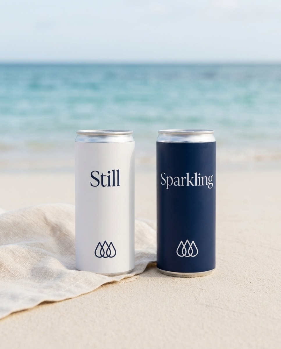 Custom branded water on the sand at a resort beach club