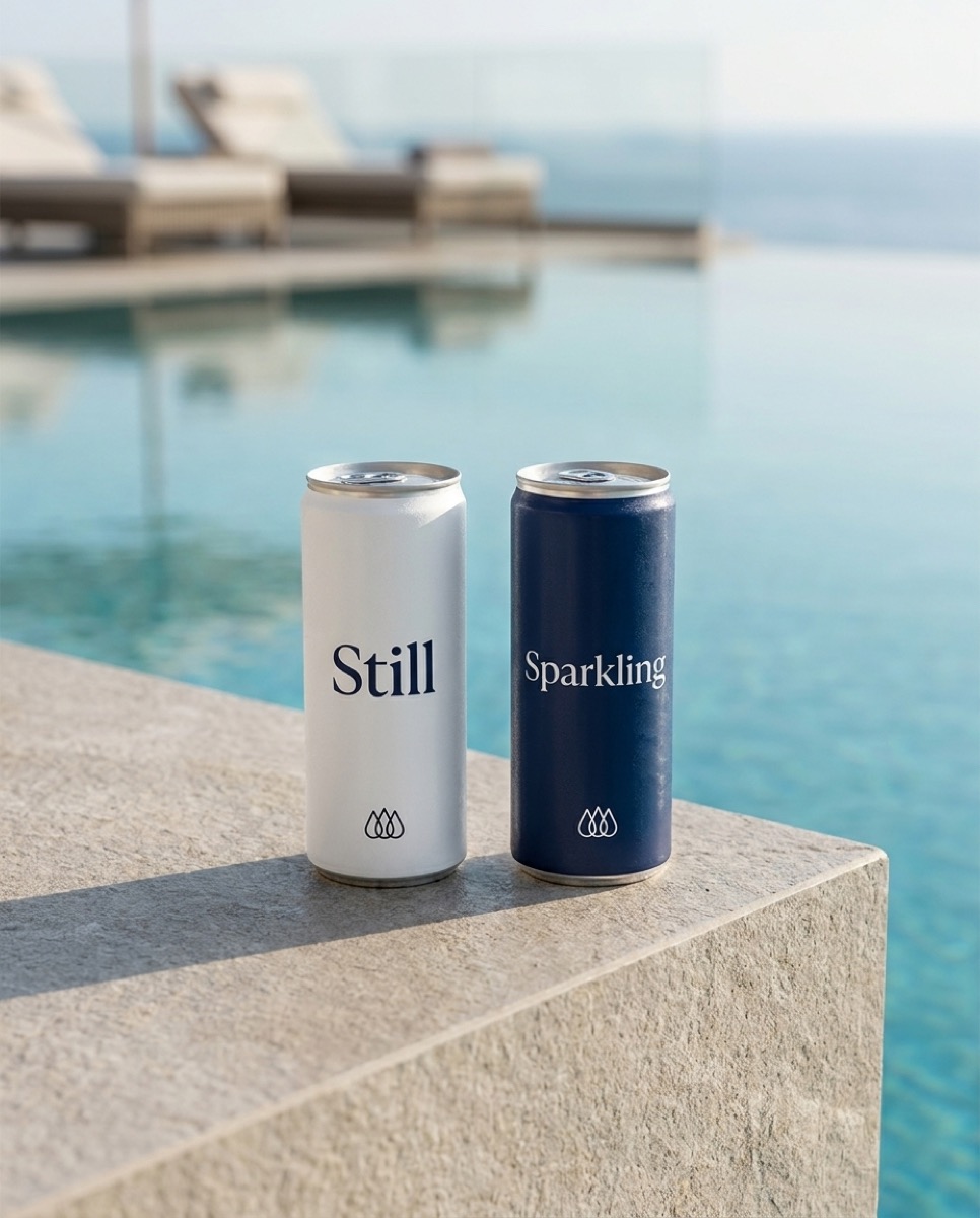 Custom-branded Still and Sparkling aluminum spring water cans on a luxury pool ledge