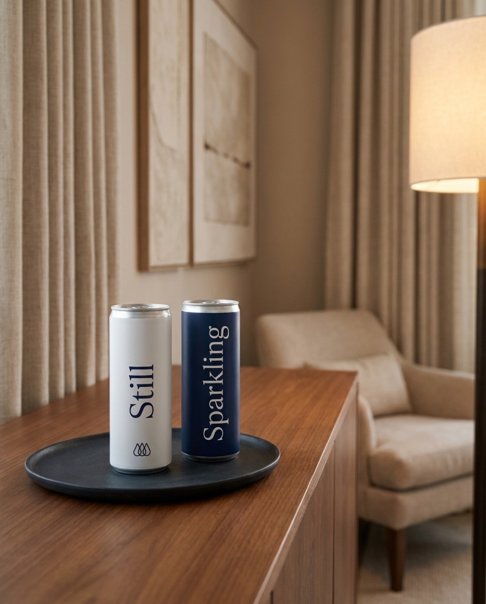 Custom branded water on an in-room tray at a luxury hotel